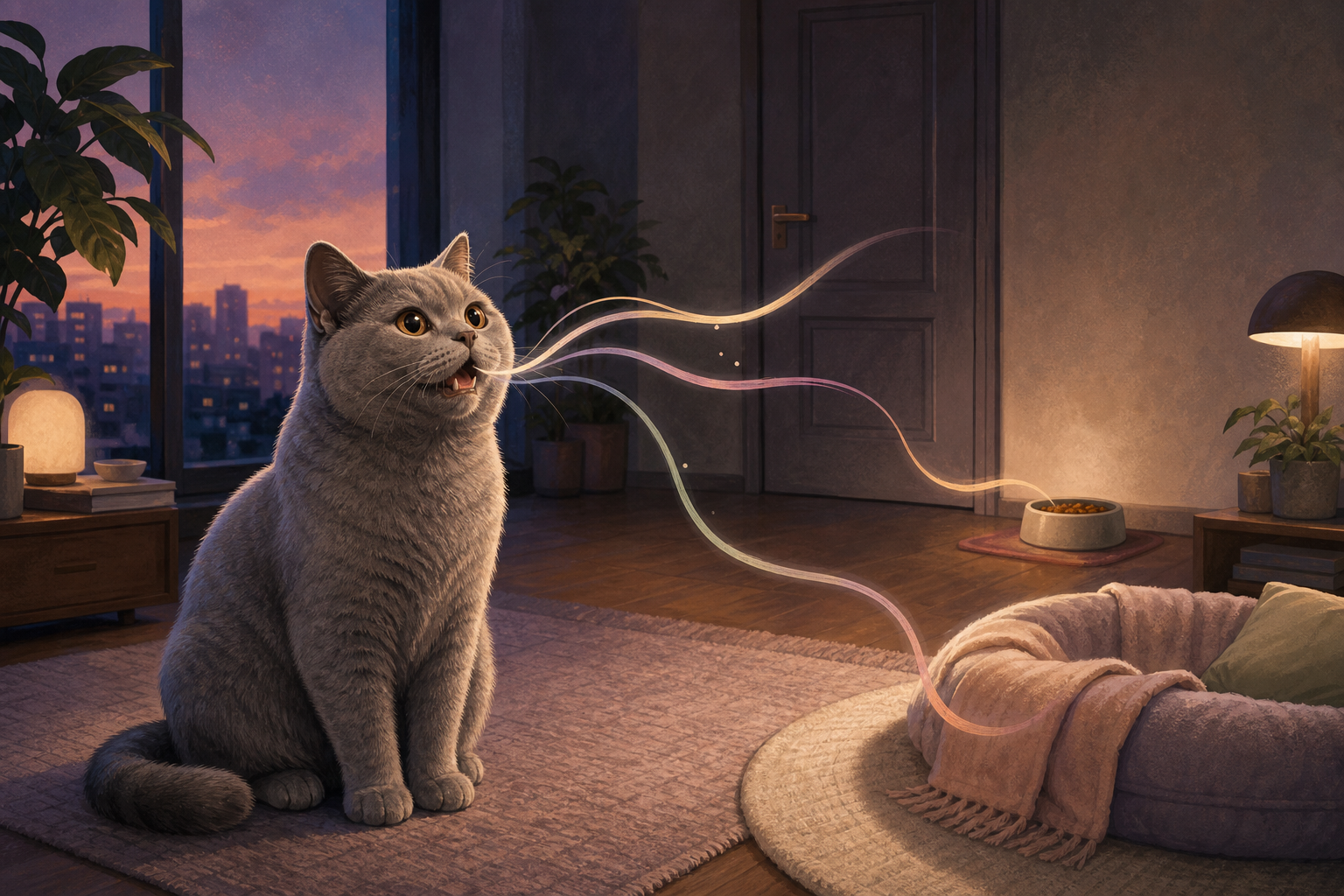 A vocalizing cat in an evening room with sound paths toward a door, food bowl, and resting place