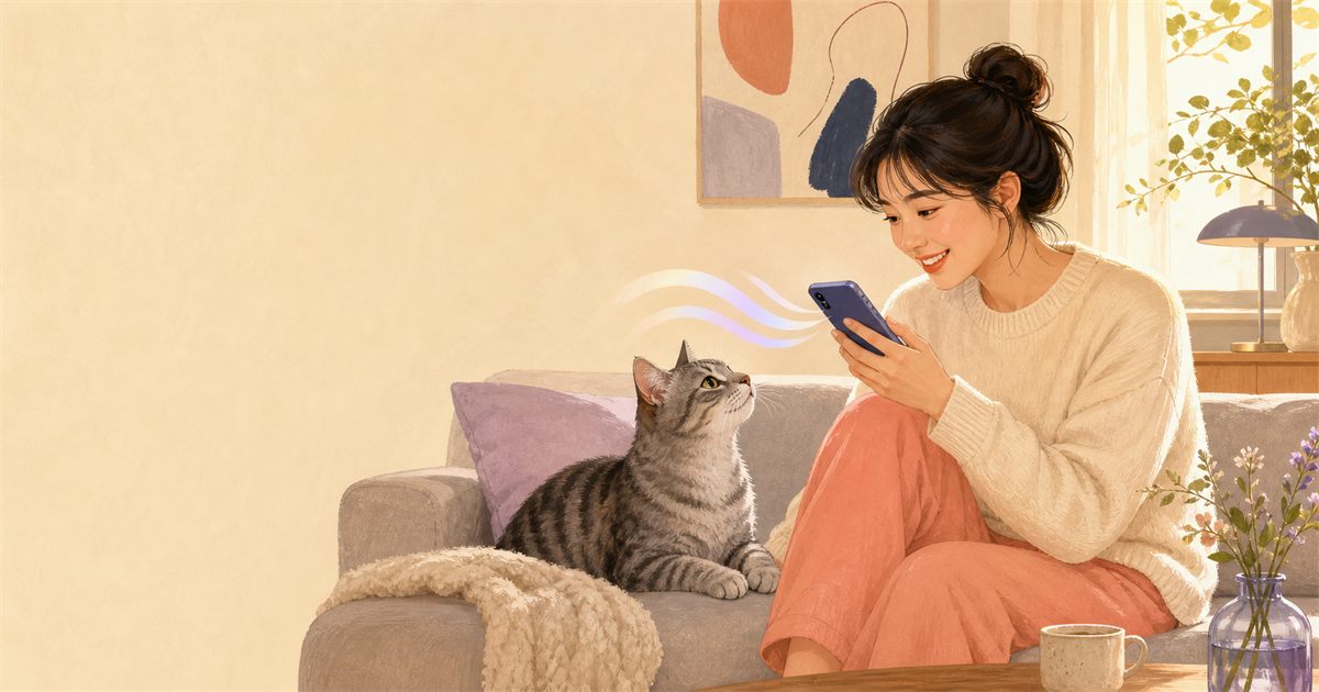 보호자가 고양이 곁에서 휴대폰으로 합성 냥소리를 만드는 모습